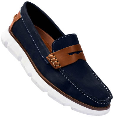 Zapato para hombre tipo mocasin de hombre suede, super comodos, piel autentica azul nubuck y tan miel, liviano, suela negra, fabricado a mano en Santo Domingo, Republica Dominicana. Valetz La zapateria de los dominicanos.